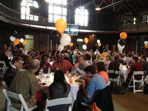 Current students join accepted students for lunch in the Iglehart gym.