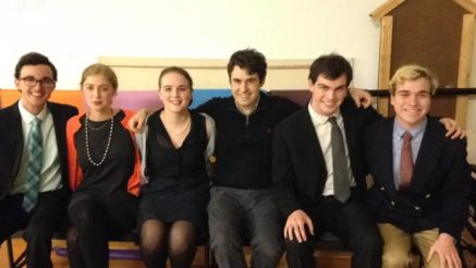 The directors and cast of God of Carnage backstage on opening night. From left to right: director Collin Ziegler A17; Simone Louw A18; Sarah Irving A18; Cyrus Multhauf A18; Wesley Sonheim A17; assistant director Alex Warren A18